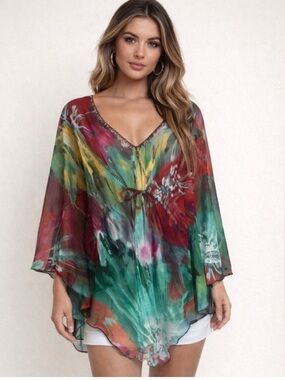 Hugging Kisses Multi-Color Sheer Top with Colorful Stones